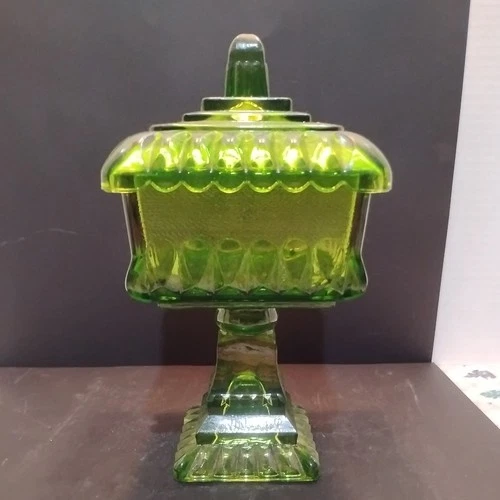 Vintage Green Pressed Glass Covered Pedestal Candy Dish W Lid Depression Style