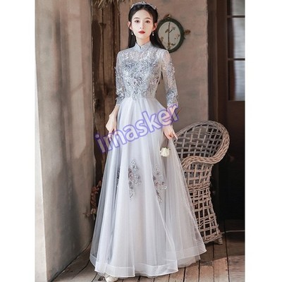 Chinese Women's Stand Collar 3/4 Sleeve Qipao Wedding Evening Party Long Dresses
