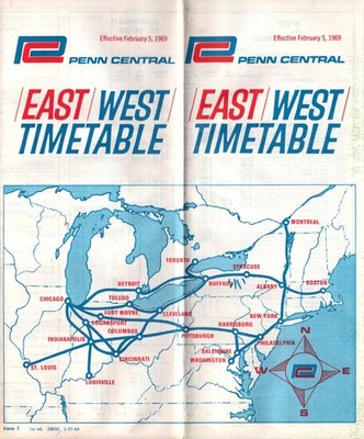1969 Penn Central Railroad East West Timetable Map NYC Chicago Boston