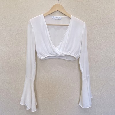 Stella Laguna Beach White Cropped Bell Sleeve Top size Small V-Neckline Boho