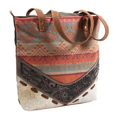 KB OHLAY KB376 TOTE Hand Tooled Upcycled Wool Canvas Hair-on Genuine Leather