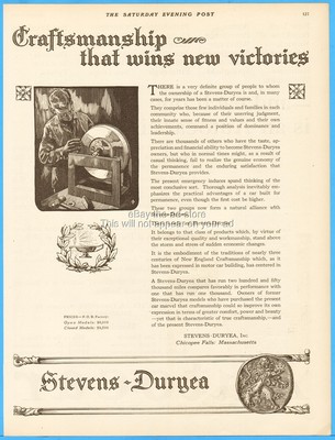 1921 Stevens Duryea Motor Cars Chicopee Falls MA Craftsmanship That Wins Ad