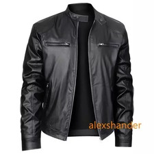 Men's Stand-Up Collar Slim Faux Leather Jacket Zipper Black Jacket Coat