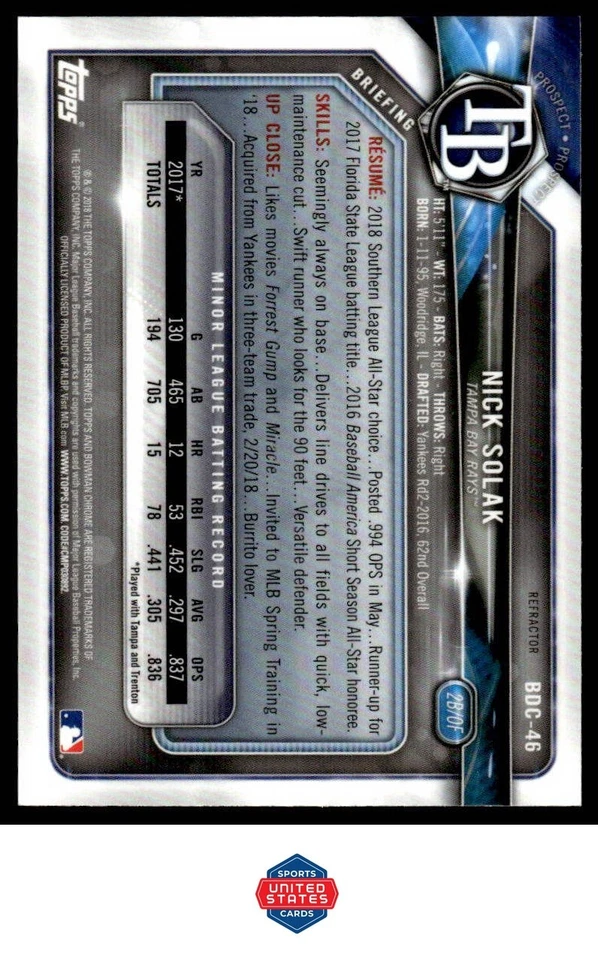 2018 Bowman Draft #BDC-46 Nick Solak Chrome Refractors - Image 2 of 2