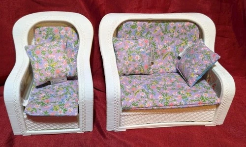 Vintage 1983 Mattel Barbie Dream House Wicker Living Room Set cushions love seat