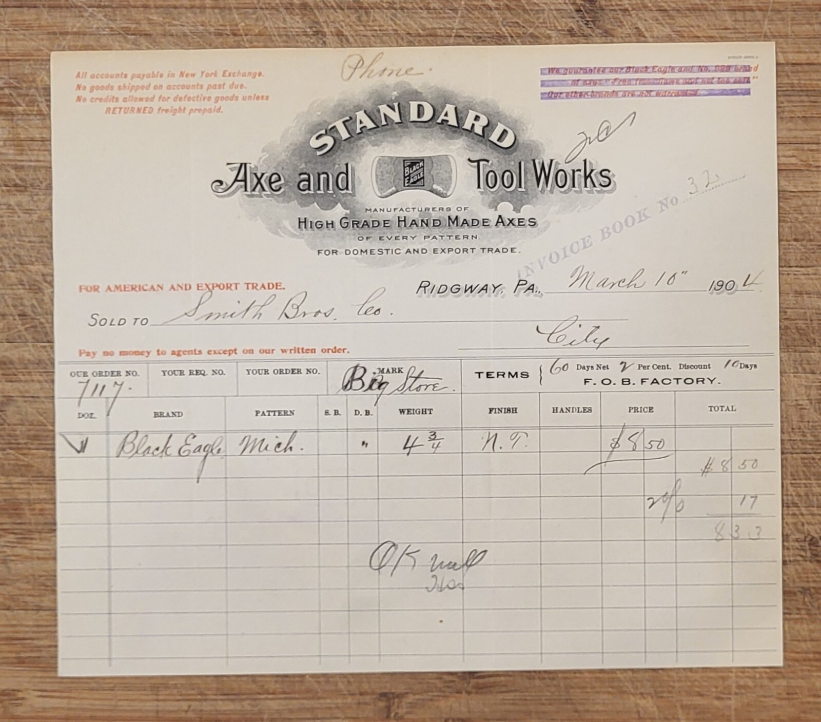 1904 Billhead Pennsylvania Ridgeway Standard Axe and Tool Company eBay