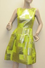 $3290 New Oscar de la Renta Silk metallic Gold lime green Fit & Flare DRESS 0 2