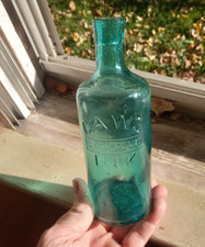 CAW'S BLACK FLUID INK PRETTY TEAL COLOR 1880s MASTER INK BOTTLE 7 1/4" TALL