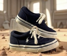 Polo Ralph Lauren Childs Navy Keaton Shoes Sz 6 Canvas Lace Up Pony Logo EUC