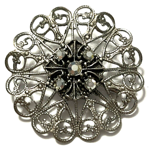 Vintage Brooch Pin Silver Tone Hearts Swirl Rhinestone Filigree Open Work Round