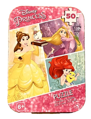 Disney Princess Belle/Rapunzel/Ariel 50 Pieces Puzzle in a Tin Box 5X7 Inch 6+