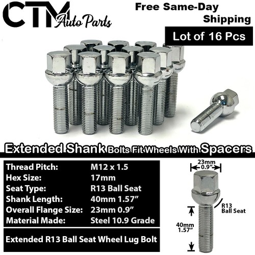 16x Chrome 12x1.5 Ball Seat Lug Bolts 40mm Shank Audi VW Smart w/ 10-15mm Spacer - Picture 1 of 5