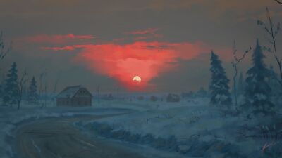 Anime sunset winter evening landscape snow painting Play Gaming Mat Desk