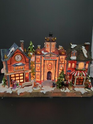 Illuminated Village City Hall / Gift Shop / Clock Shop / Carollers/ Christmas