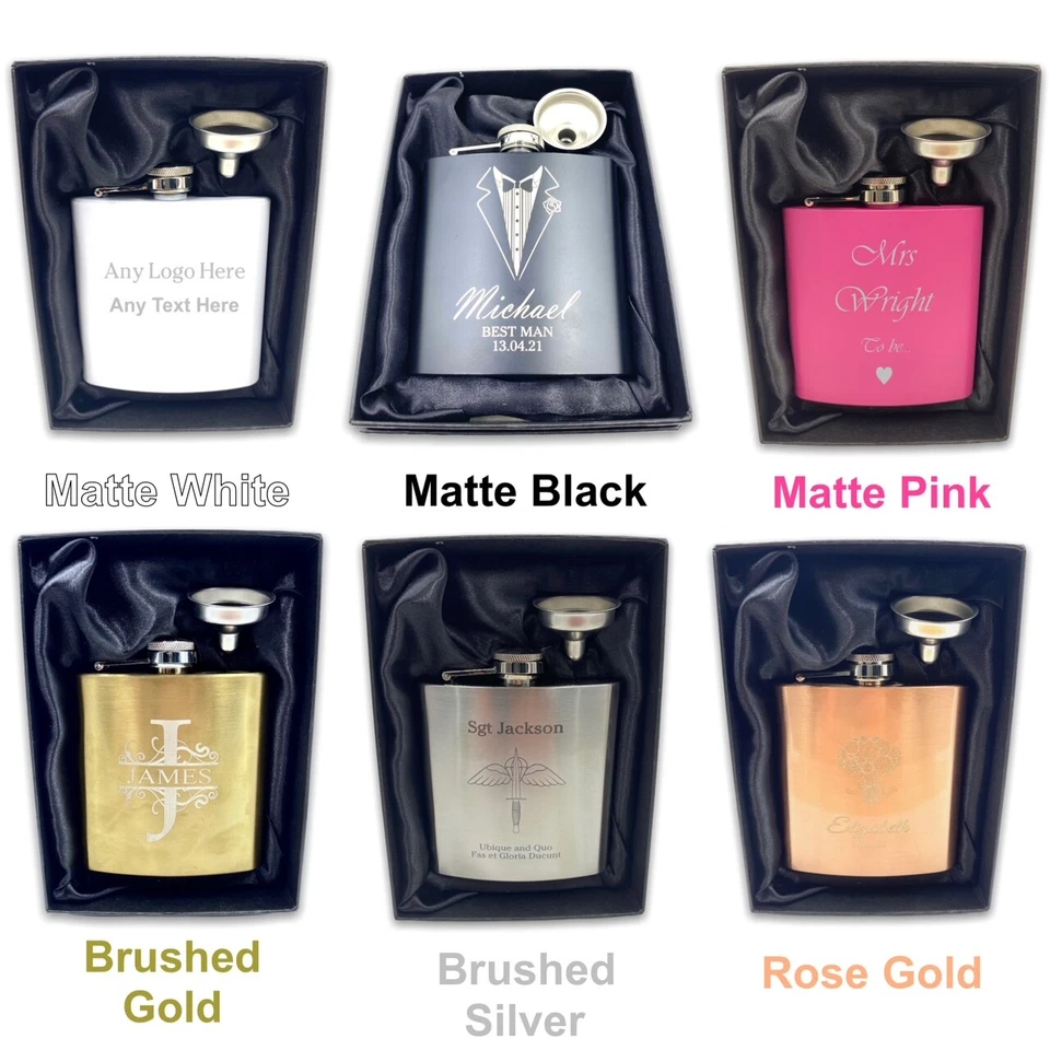 Personalised Engraved Hip flask Any Logo Any Text 6oz Metal Hipflask Gift Set - Image 4 of 4