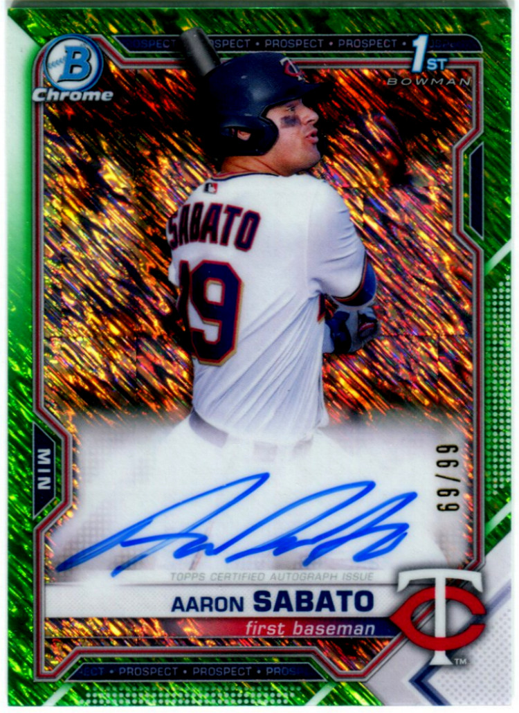 2021 Bowman Chrome Aaron Sabato Green Shimmer 1st Bowman Chrome Auto 69/99 Twins