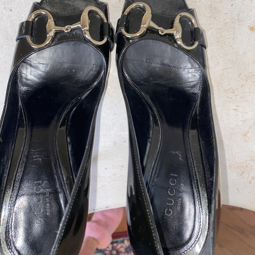Gucci Black Metallic Patent Leather Horsebit Peep Toe Stiletto Pumps 8B - Picture 12 of 12