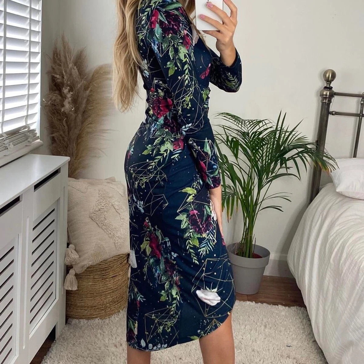 Silkfred Long Sleeve Midi Wrap Style Dress. Geometric Floral Print