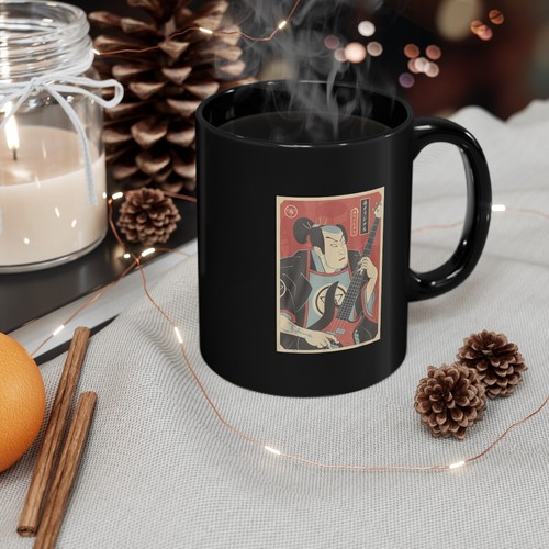 Retro Style Samurai Guitarist Ronin Bushido Warrior Japan Katana 11oz Black Mug - Picture 5 of 7