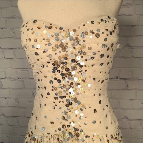 NWT $500 BCBG Maxazria Strapless Sequin Dress, Size 10, Vanilla w/ Gold/Silver - Picture 3 of 11