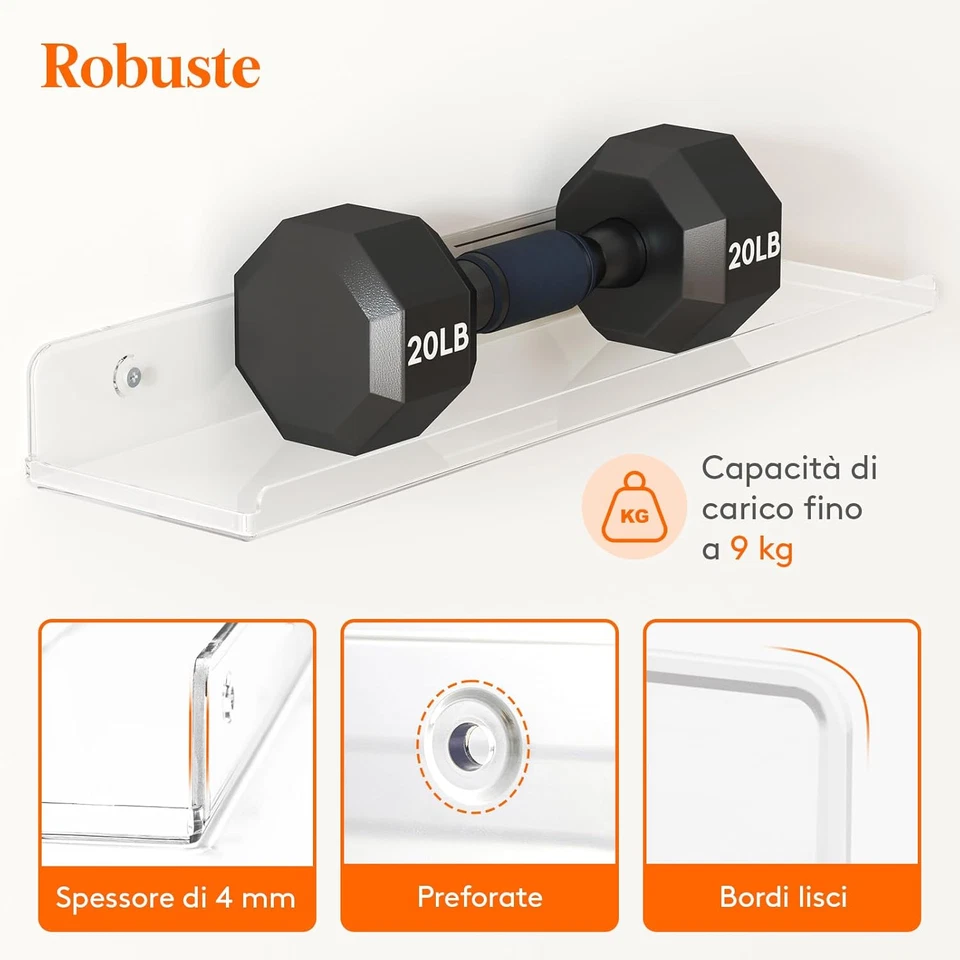 Mensole Galleggianti per Parete,Pacco da 6 Scaffali in Acrilico trasparente 38 c - Immagine 4 di 4