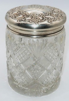 Tiffany & Co Monogramed Sterling Silver Lidded Crystal Vanity Dresser Jar 5 1/4''