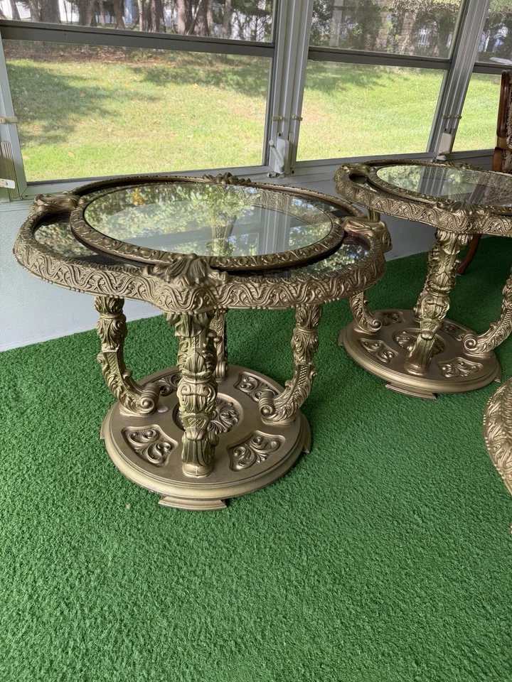 Set 3 Hollywood Regency Glass Top Gold Gilt & Faux Marble Coffee & 2 End Tables - Image 3 of 4