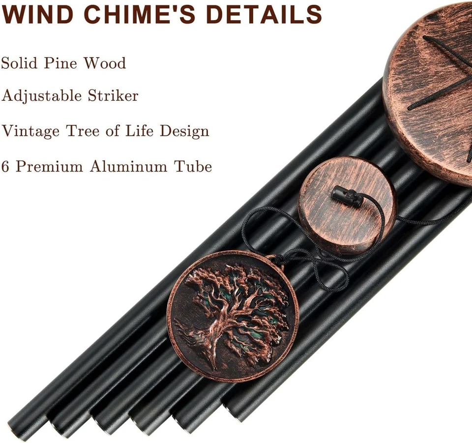Carillón de viento Tree of Life 48 pulgadas tono profundo tubos pesados vintage patio conmemorativo Foto 3 de 4