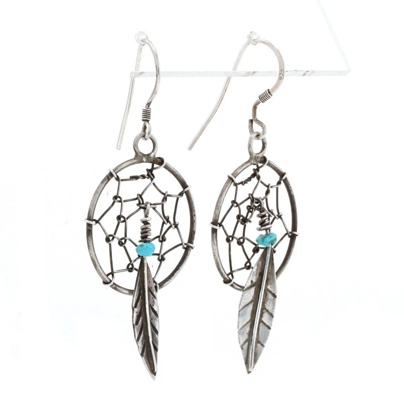 Brincos pendurados nativos americanos turquesa esterlina apanhador de sonhos - 925 penas - Imagem 2 de 4