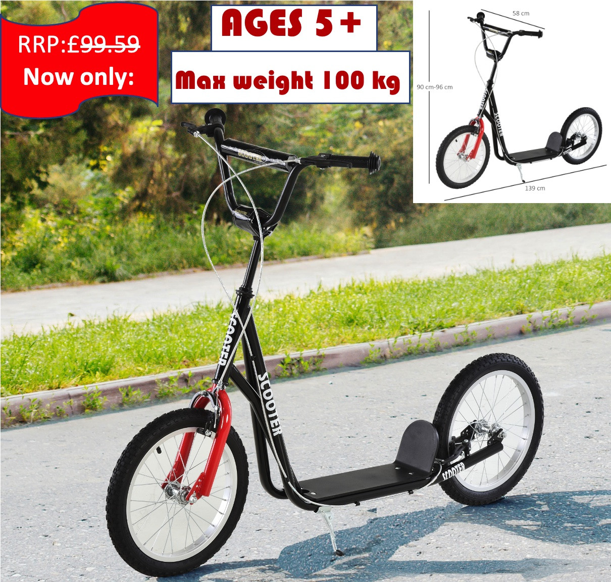 Kids Kick Scooter w/ Adjustable Handlebar Inflatable Wheels Black HOMCOM