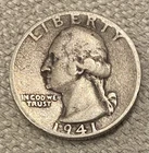 1941 Washington Quarter Silver 25C Circulated US Coin; 90% silver au