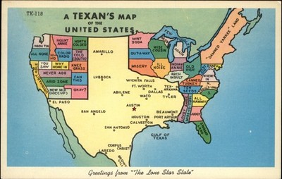 Greetings Texans map exaggeration comic of the United States vtg postcard y912