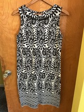 TALBOTS Petite Medium Paisley Black White Sleeveless Dress PomPom Neckline