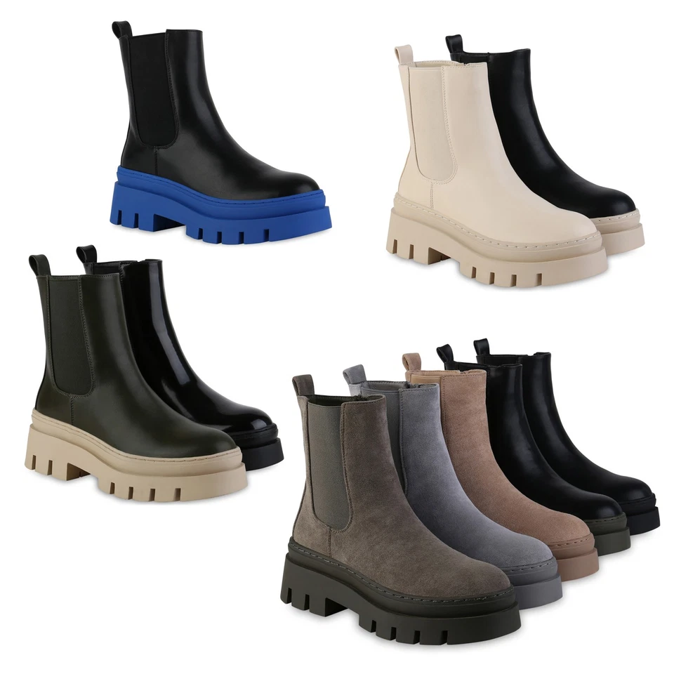 MARKENLOS Damen Plateau Boots Stiefeletten Blockabsatz Stiefel Profil-Sohle 839451 Schuhe