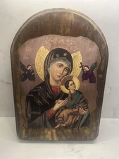 Vintage Our Lady of Perpetual Help Wooden Icon – 14” X 9.5”
