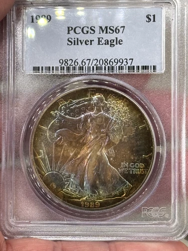 1989 AMERICAN SILVER EAGLE PCGS MS67 MONSTER  RAINBOW TONED "RARE COIN"