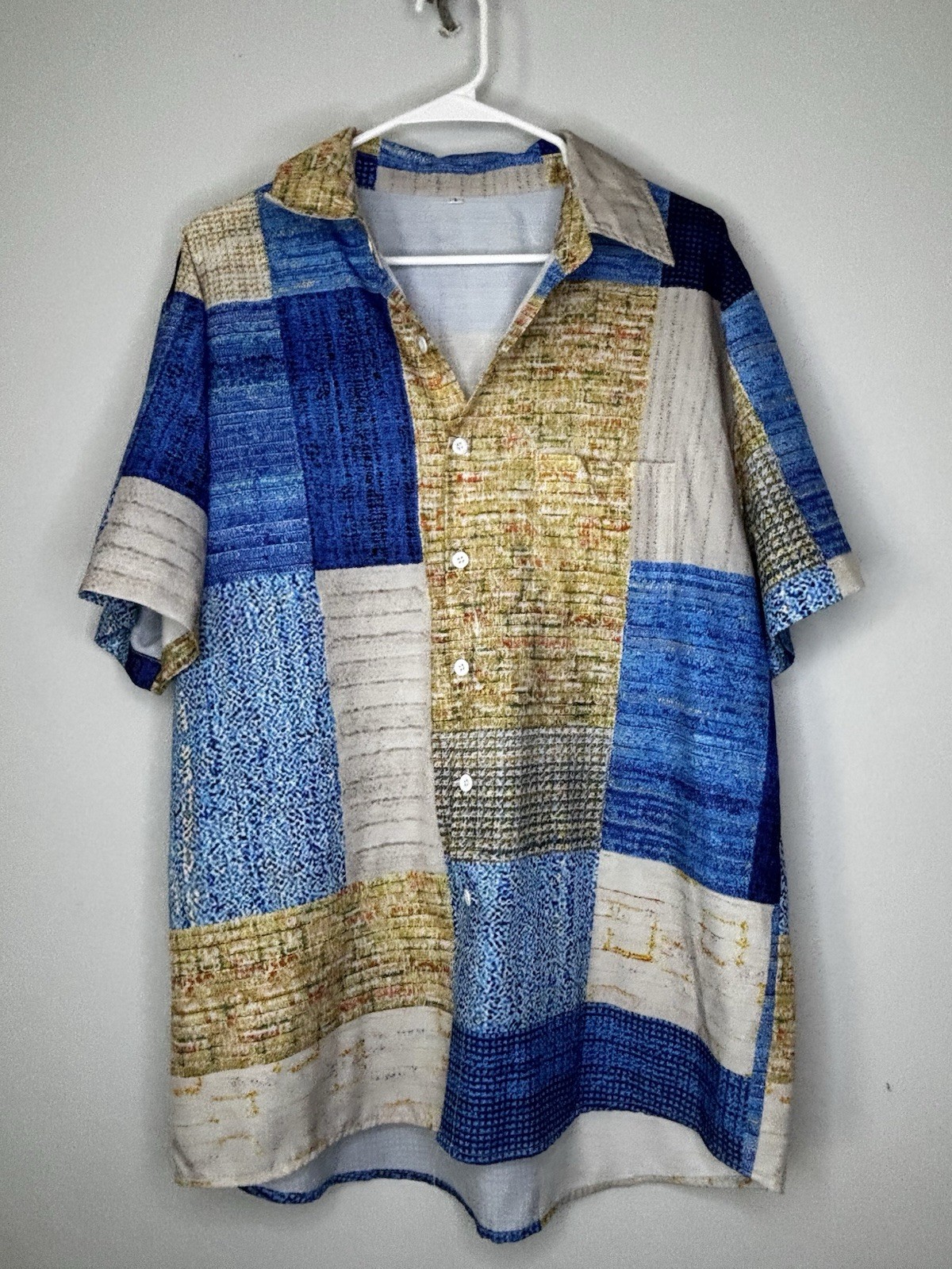 L Blue Beige Multicolor Patchwork Short Sleeve Bu… - image 1