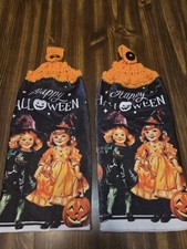 Hand Chrochet hanging Kitchen Towel set of 2 Halloween Little Girl Witches