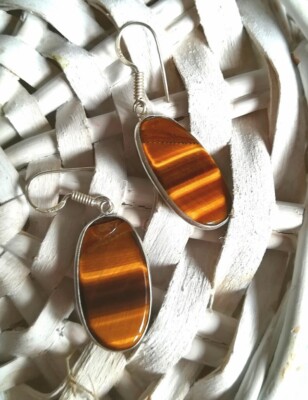 OHRRINGE TIGERAUGE NATUR 925 SILBER LEICHT OVAL ANHÄNGER TIGER EYE