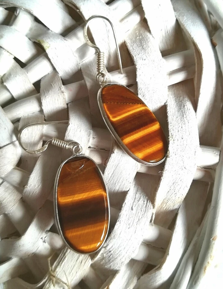 ORECCHINI OCCHIO DI TIGRE NATURALE ARGENTO 925 LEGGERI PENDENTI OVALI TIGER EYE - Immagine 2 di 4