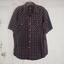 Vintage Plains Western Wear L Navy Blue Check Pearlsnap Short Sleeve Cowboy