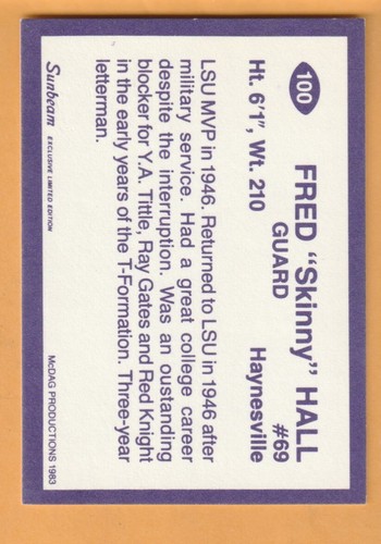 Fred Hall LSU Tigers 1983 Sunbeam Card #100 Haynesville Louisiana - Picture 2 of 2