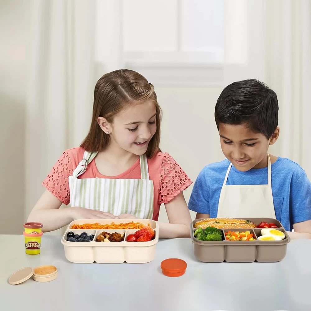 Wheat Straw Bento Lunch Box for Kids and Adults - 5.5 Cup Leakproof Container with 2 Compartments