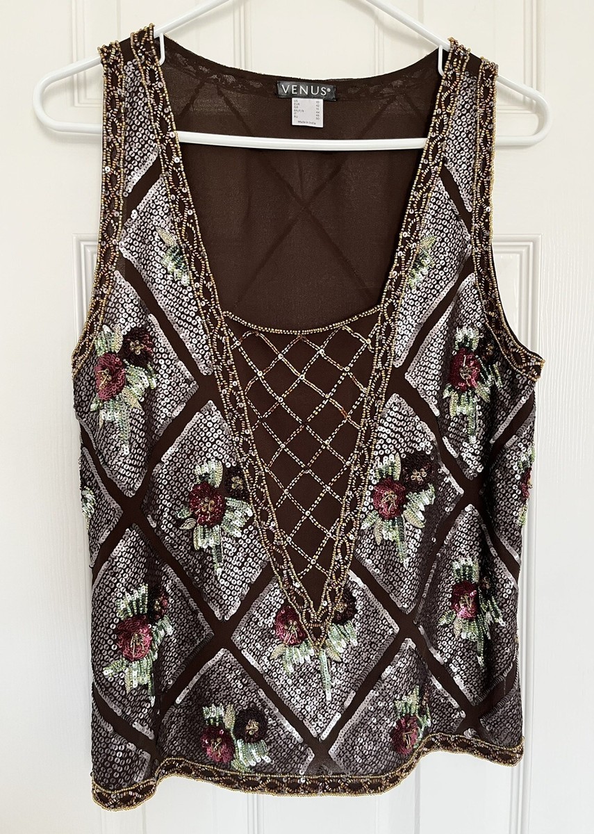 Venus Sequin Tank size 10 Gorgeous Beaded Brown Gold Floral Holiday Party  EUC