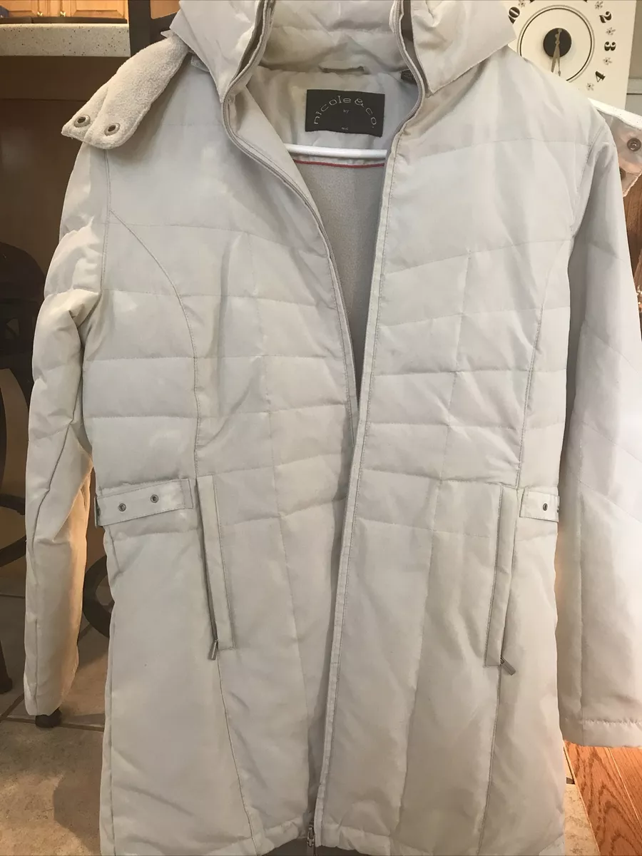 Women Nicole Miller Cream Ivory Winter Coat Removable Hood Worn Once Sz S
