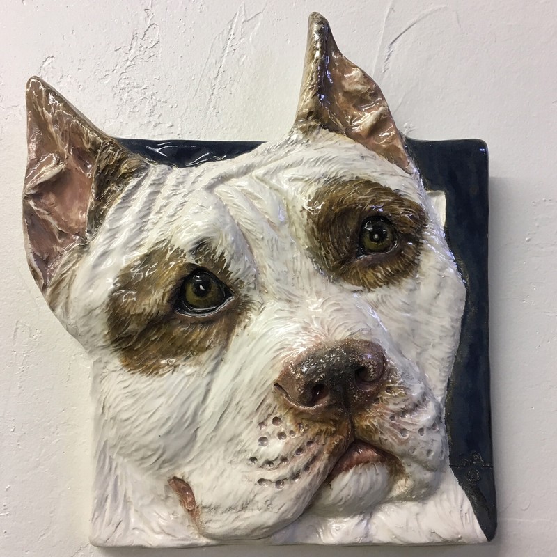 American Staffordshire Terrier Pit Bull Dog Ceramic Portrait 3D Tile In Stock 