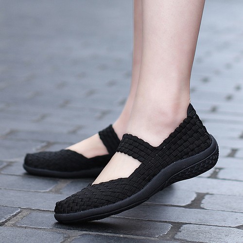 Women Mary Jane Slip On Walking Shoes Woven Elastic Flat Lightweight Sneakers - Picture 2 of 29