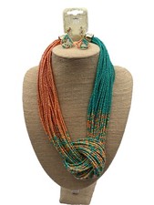 Bohemian Indian Multi Strand Beaded Orange Turquoise Earring and Necklace Set
