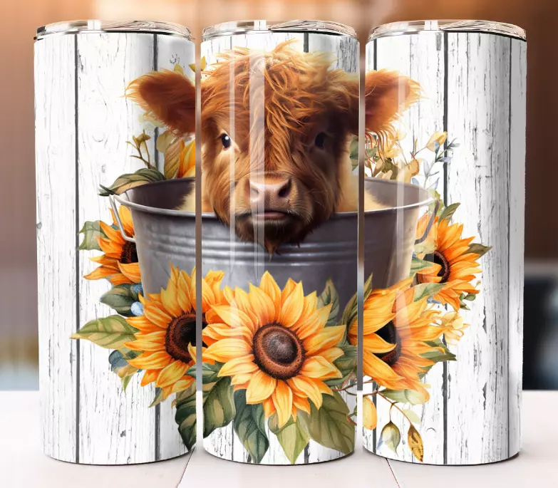 Sunflower Highland Cow Cup Tumbler 20oz Tumbler 20 oz Skinny Cup