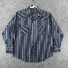 Plains Western Wear Shirt Men Large Long Sleeve Pearl Snap Up Navy Striped